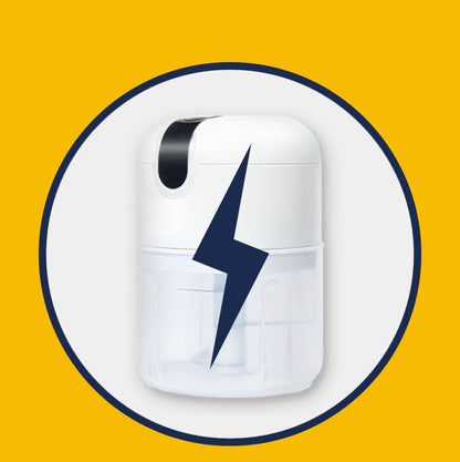 White electronic device with a blue lightning bolt on a yellow background.