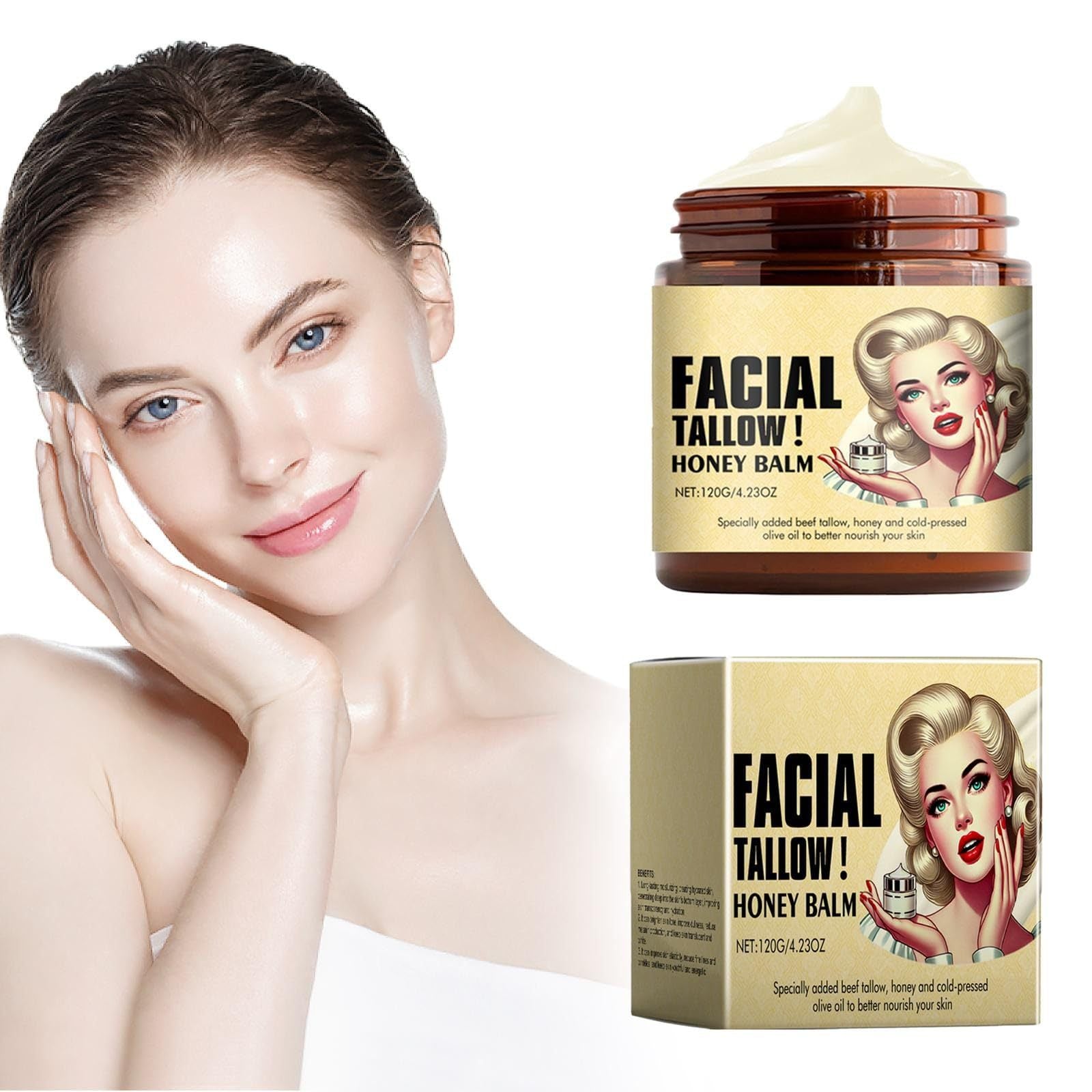 Facial Tallow Honey Balm with packaging and a model displaying the product.