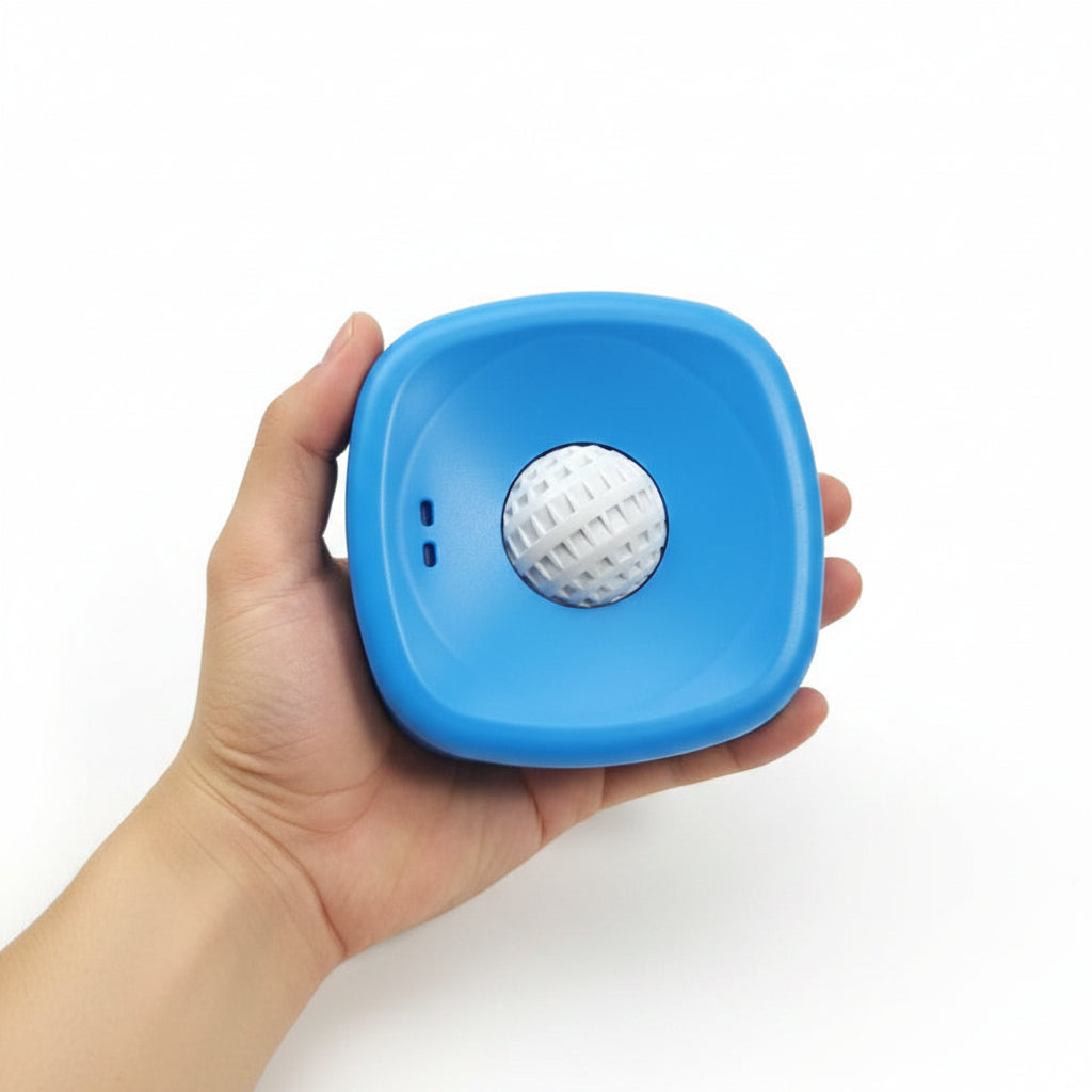 Blue dog treat slow feeder with a white ball-like object on a white background