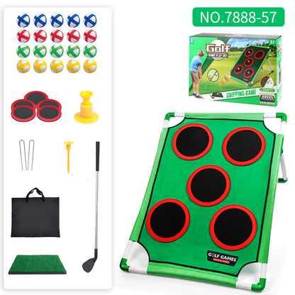 Golf practice mat with accessories on a white background