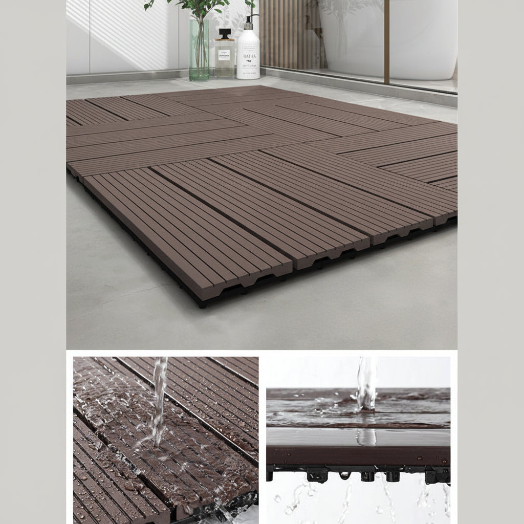 Brown interlocking deck tiles with water drainage feature on a gray floor.